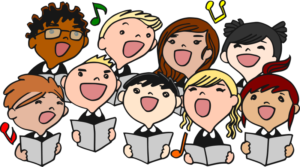 Cartoon of chorus members singing together from music
