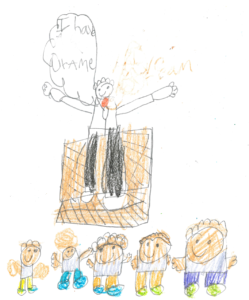 Student drawing of MLK saying "I have a dream" with a crowd listening to him.