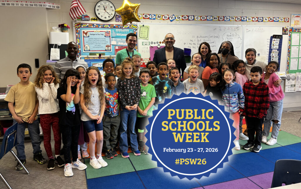 Dr. Duran and Students in a group with badge "Public Schools Week"