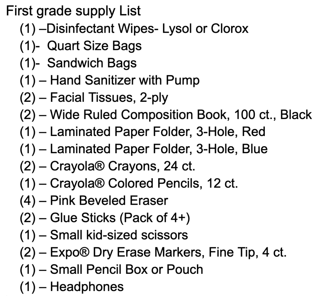 1st Grade Barrett Supply List 2026-27