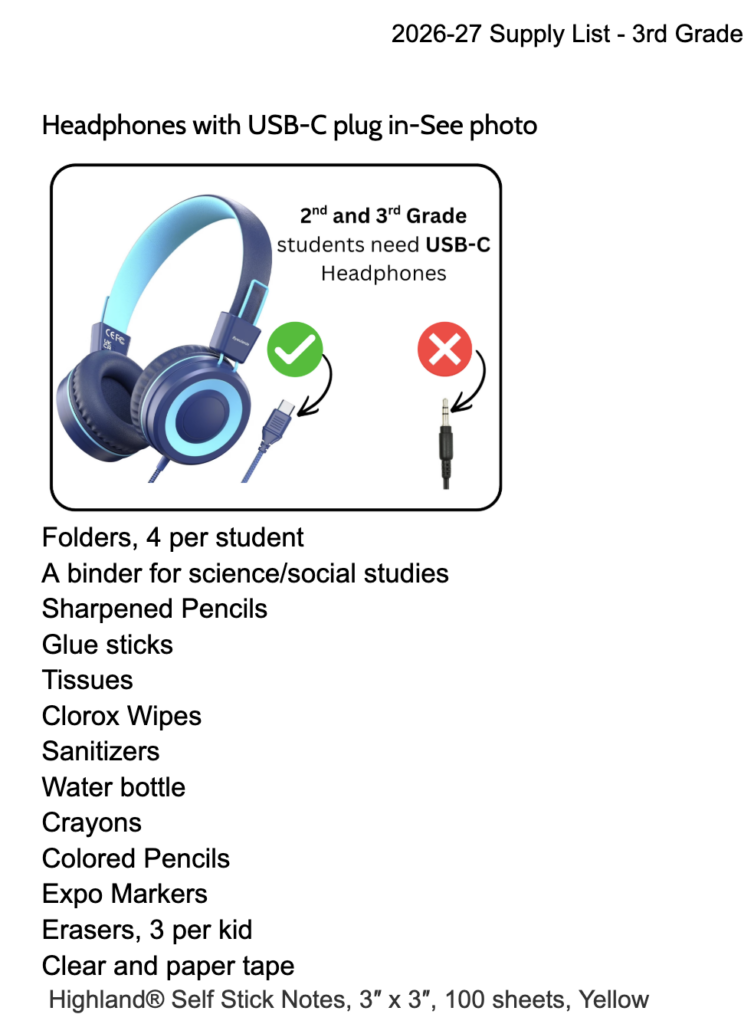 3rd Grade Barrett Supply List 2026 2027