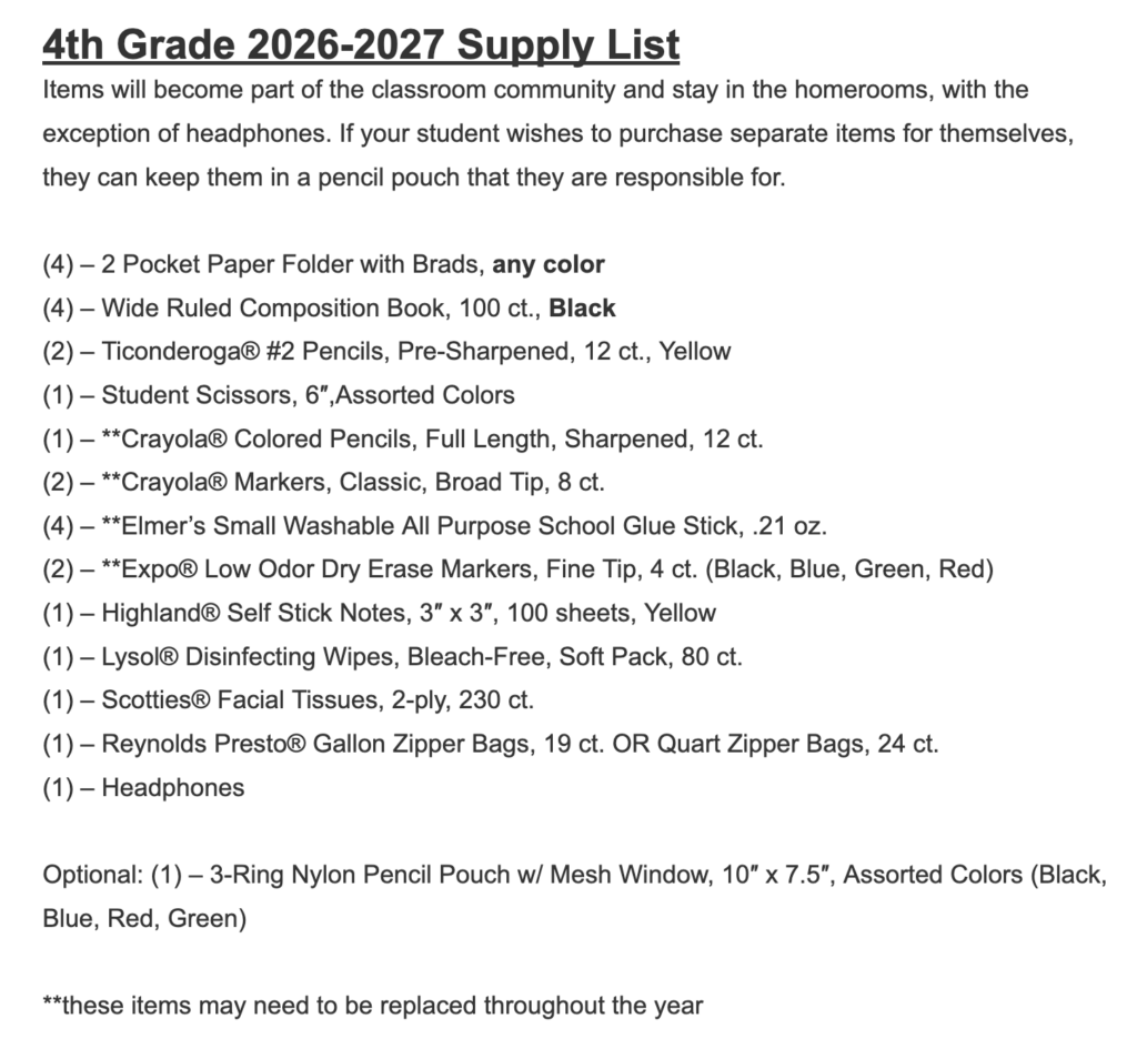 4th Grade Barrett Supply List 2026 2027
