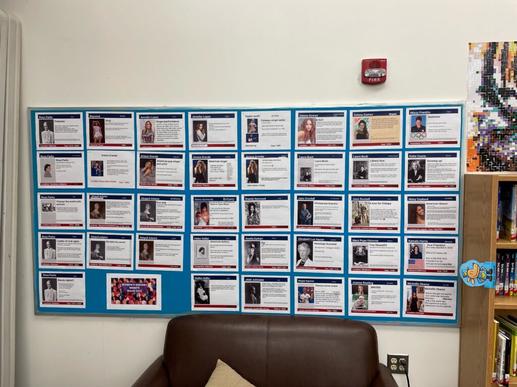 A bulletin board full of facts about famous women for Women's History Month