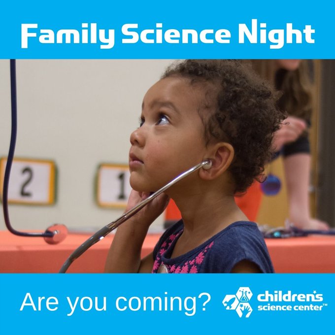 A girl with a stethescope and text - Family Science Night. Are you coming?