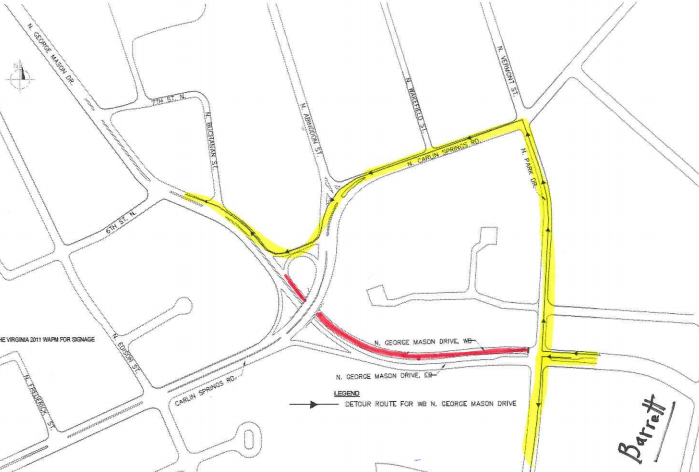 Карта, показывающая, что улица Норт-Джордж-Мейсон-драйв будет закрыта от Парк-драйв до Карлин-Спрингс-роуд. Объезд должен повернуть направо на Парк-драйв, налево на Карлин-Спрингс-роуд, затем снова направо на Джорджа Мейсона.