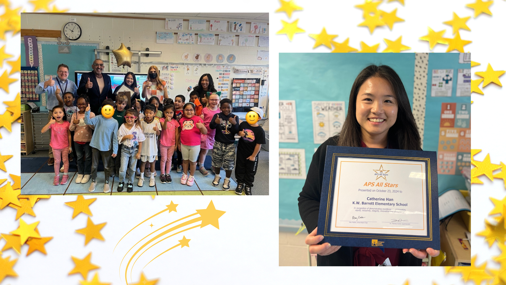 Stars surround first grade students and Principal Catherine Han holding APS All Star Certificate