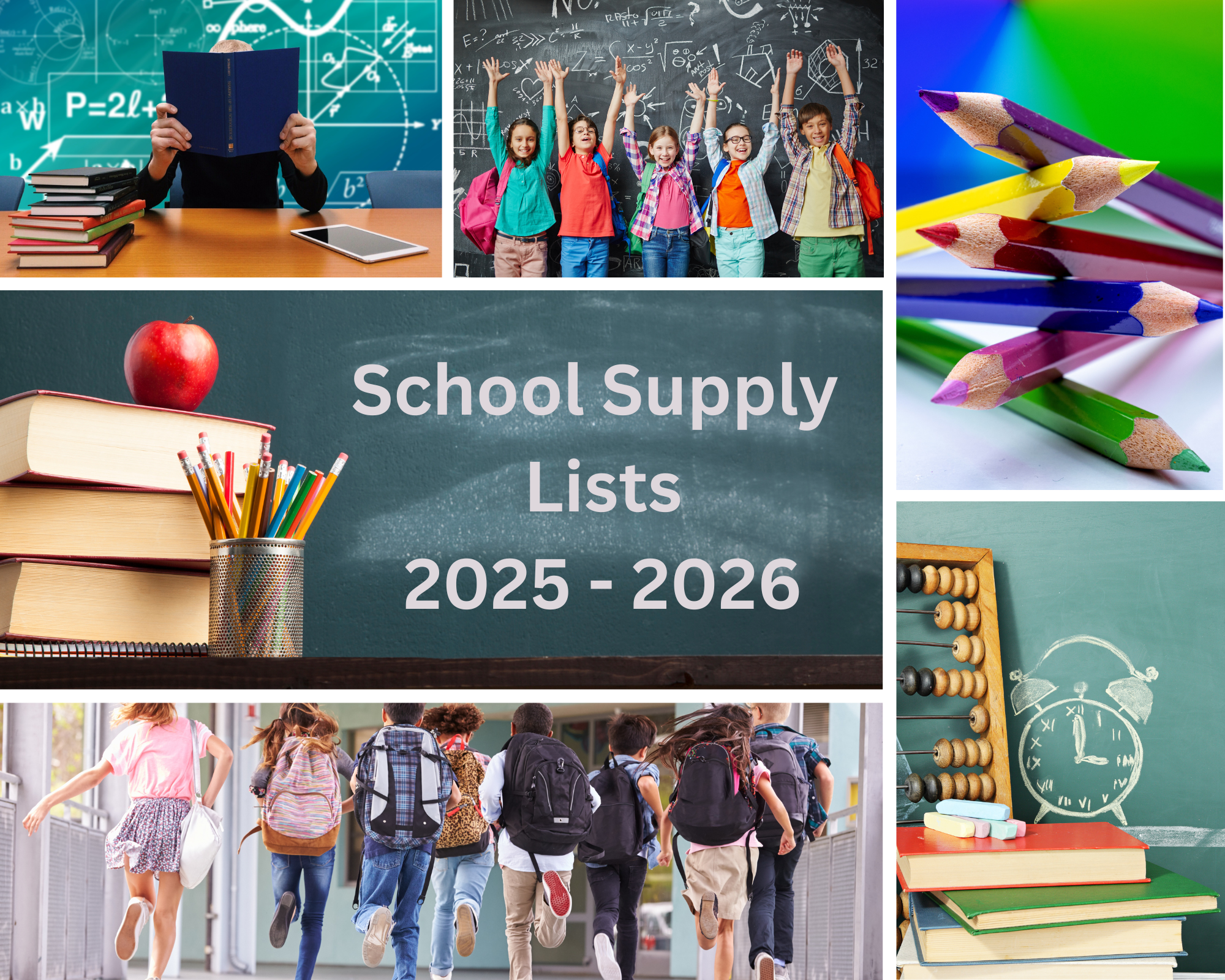 This image shows pictures of students and school supplies